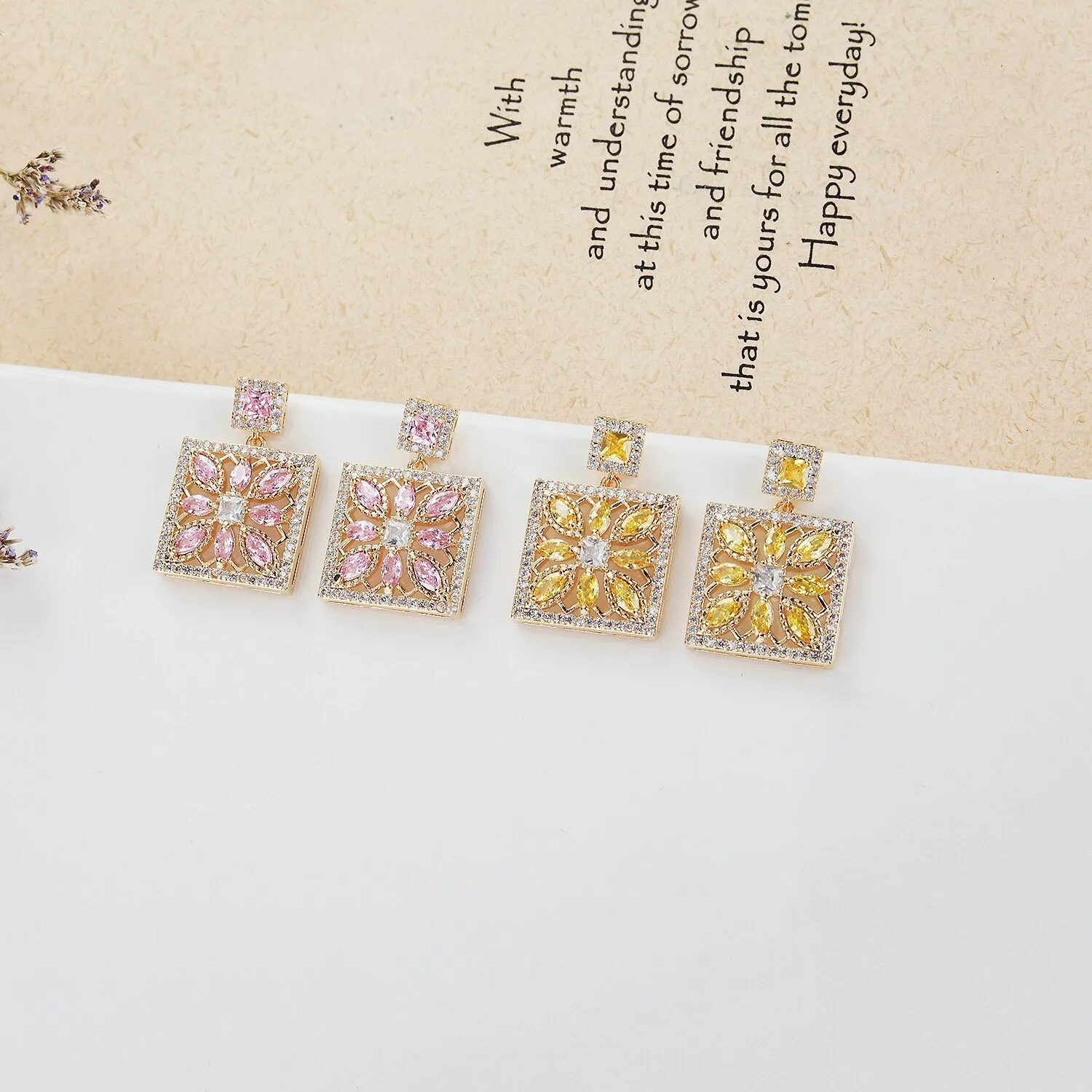 Cubic Zircon CZ Square Earrings for Wedding, Crystals Flower Earring for Bride, Women Girl Birthday Party Jewelry CE11475