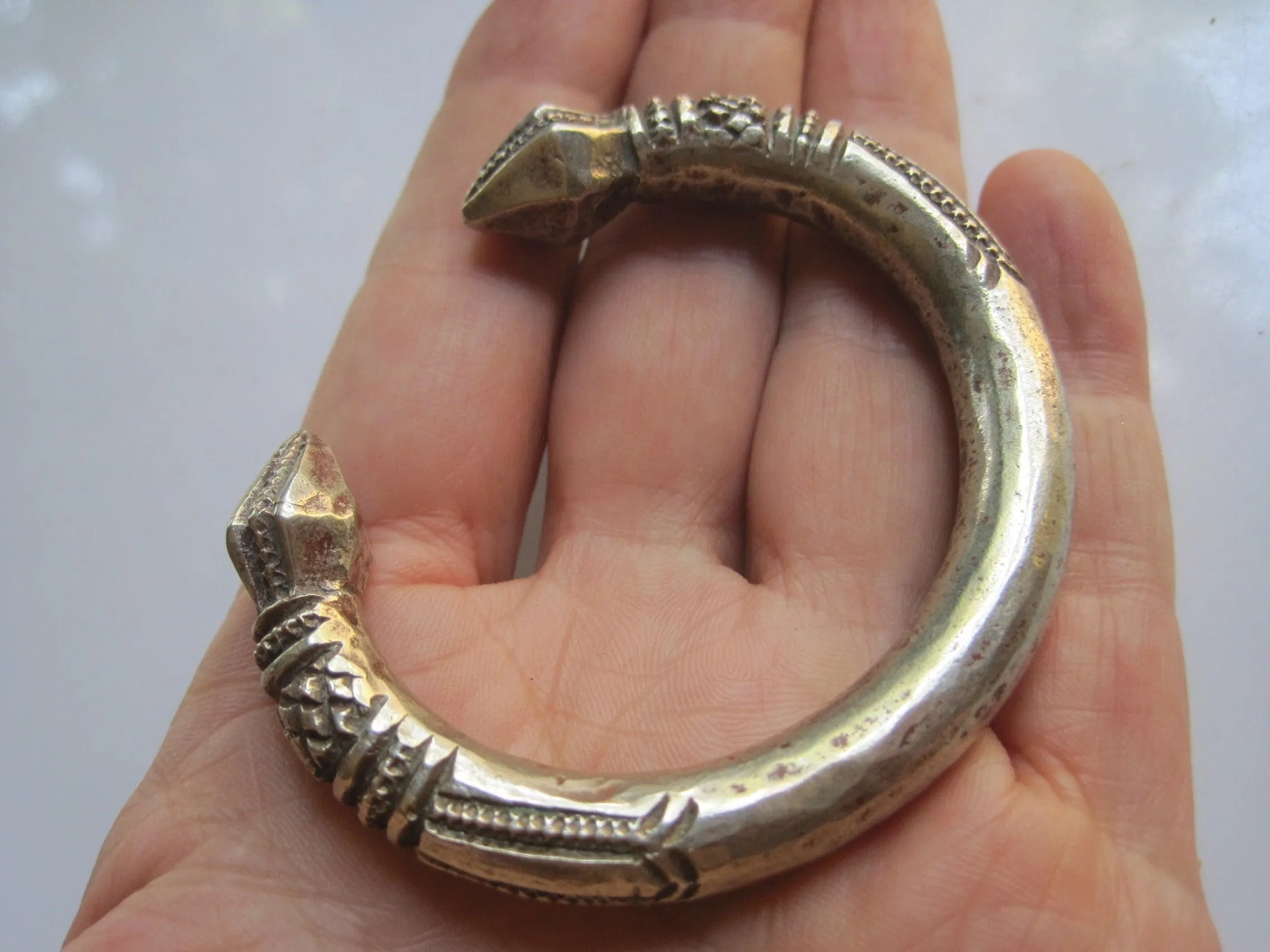 Vintage Solid Bedouin Cuff with Stylized Snake Head Finials