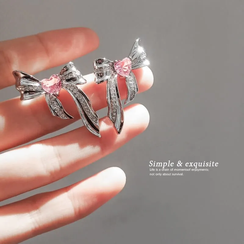 Women's Sweet Pink Metal Pretty Bow Earrings